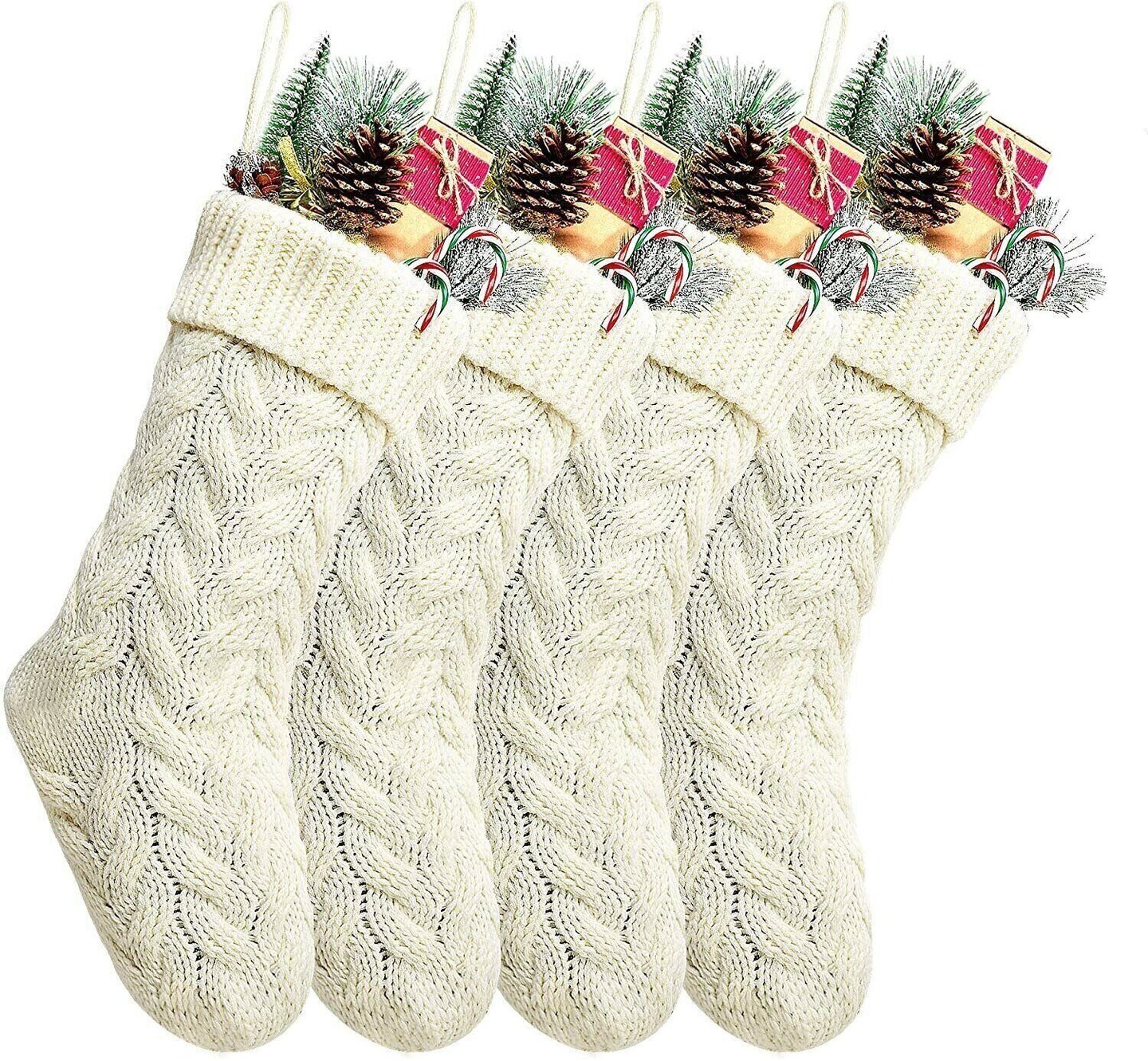 Set of 4 Unique 15&#x22; White Cream Knit Christmas Stockings