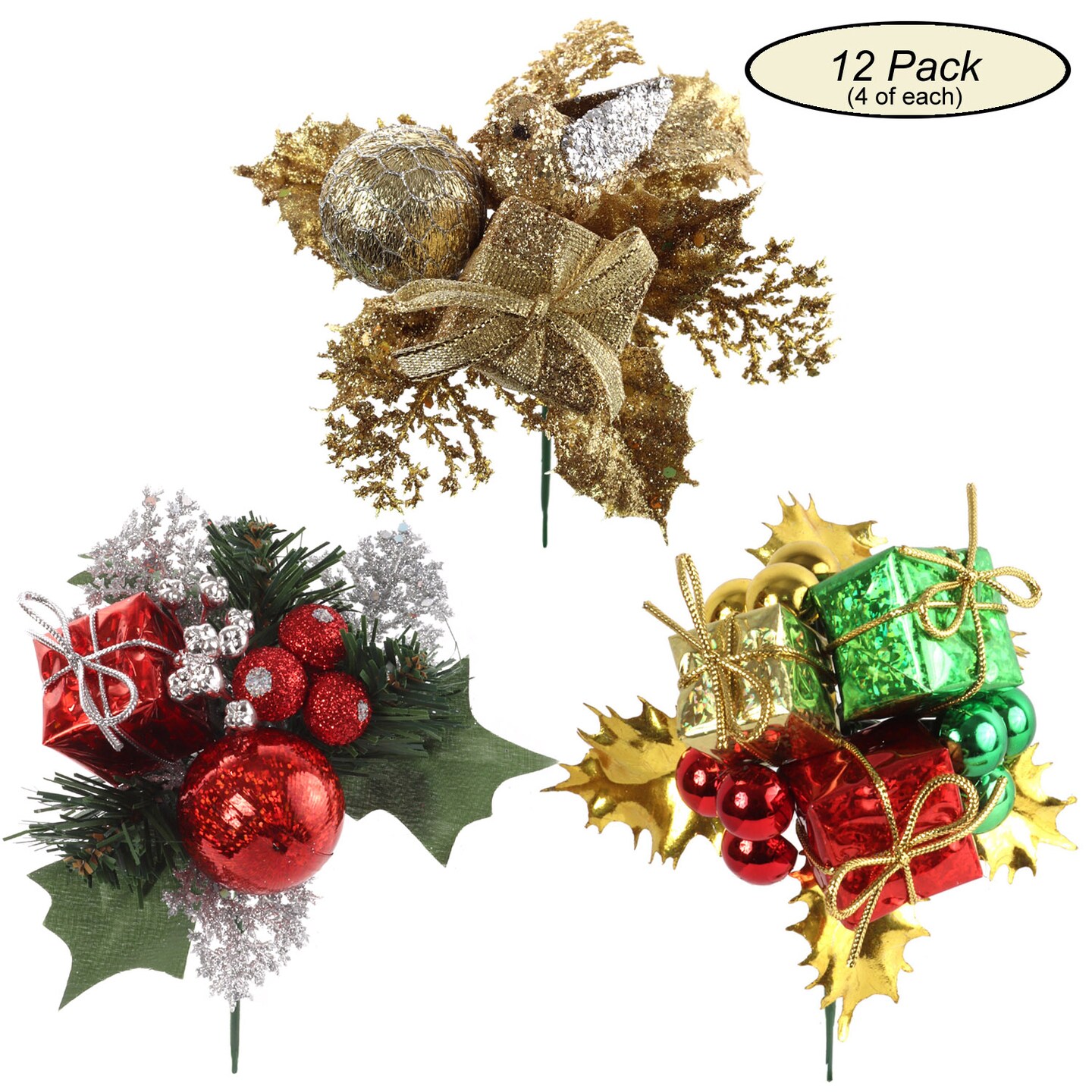 12-Pack: Assorted Mixed Vibrant Xmas Picks, 3 Styles, Festive Holiday Decor, Christmas Picks by Floral Home&#xAE;