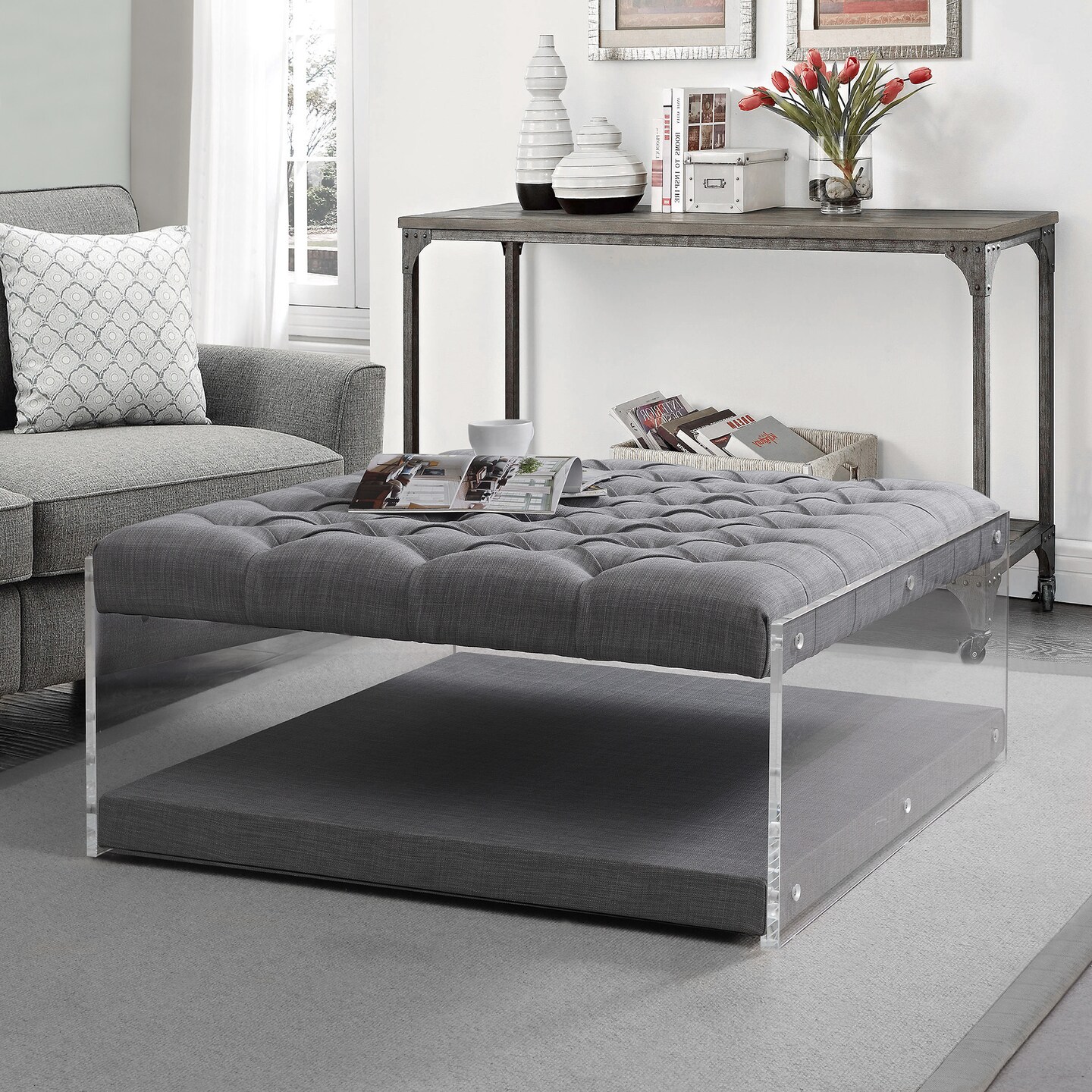 Fleur Linen/Velvet Button Tufted Clear Acrylic Side Cocktail Table Ottoman