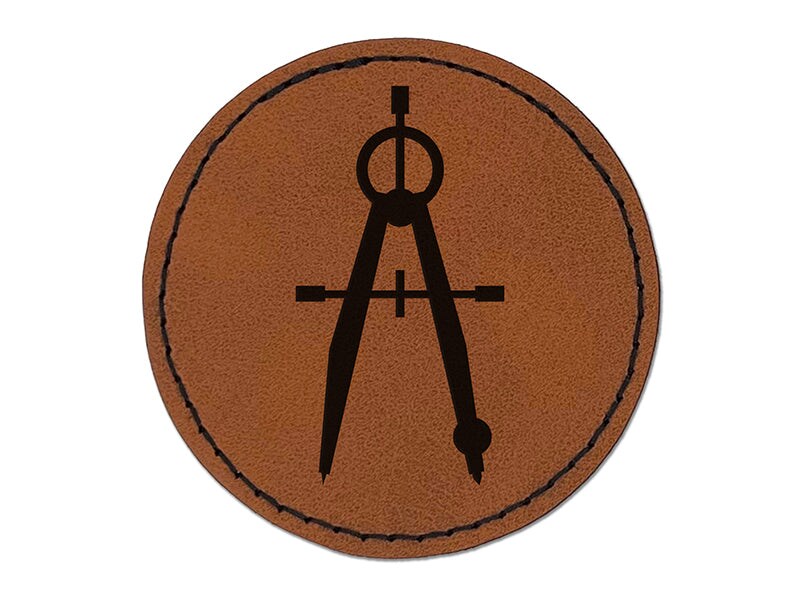 Drafting Geometric Compass Mechanical Engineer Round Iron-On Engraved Faux Leather Patch Applique - 2.5&#x22;