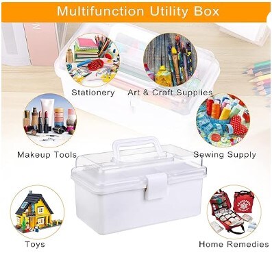 Small Plastic Storage Box with Lid 7.9"x3.7"x4.1" Art Supply Storage Organiser with Handled Removable Tray White Multi-purpose Small Storage Container Portable Sewing Box for Art & Sewing Supplies