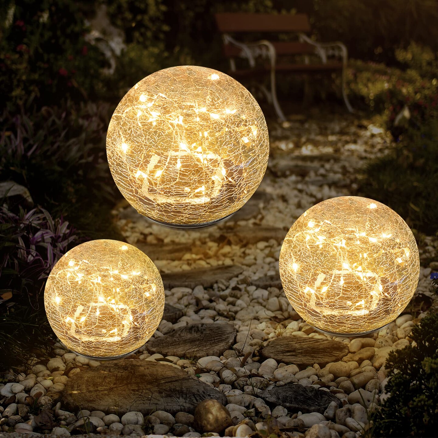 2 Pack Globe (4.7”) Garden Solar Lights Cracked Glass Ball Waterproof LED for Outdoor Decor Decorations Pathway Patio Yard Lawn, Warm White