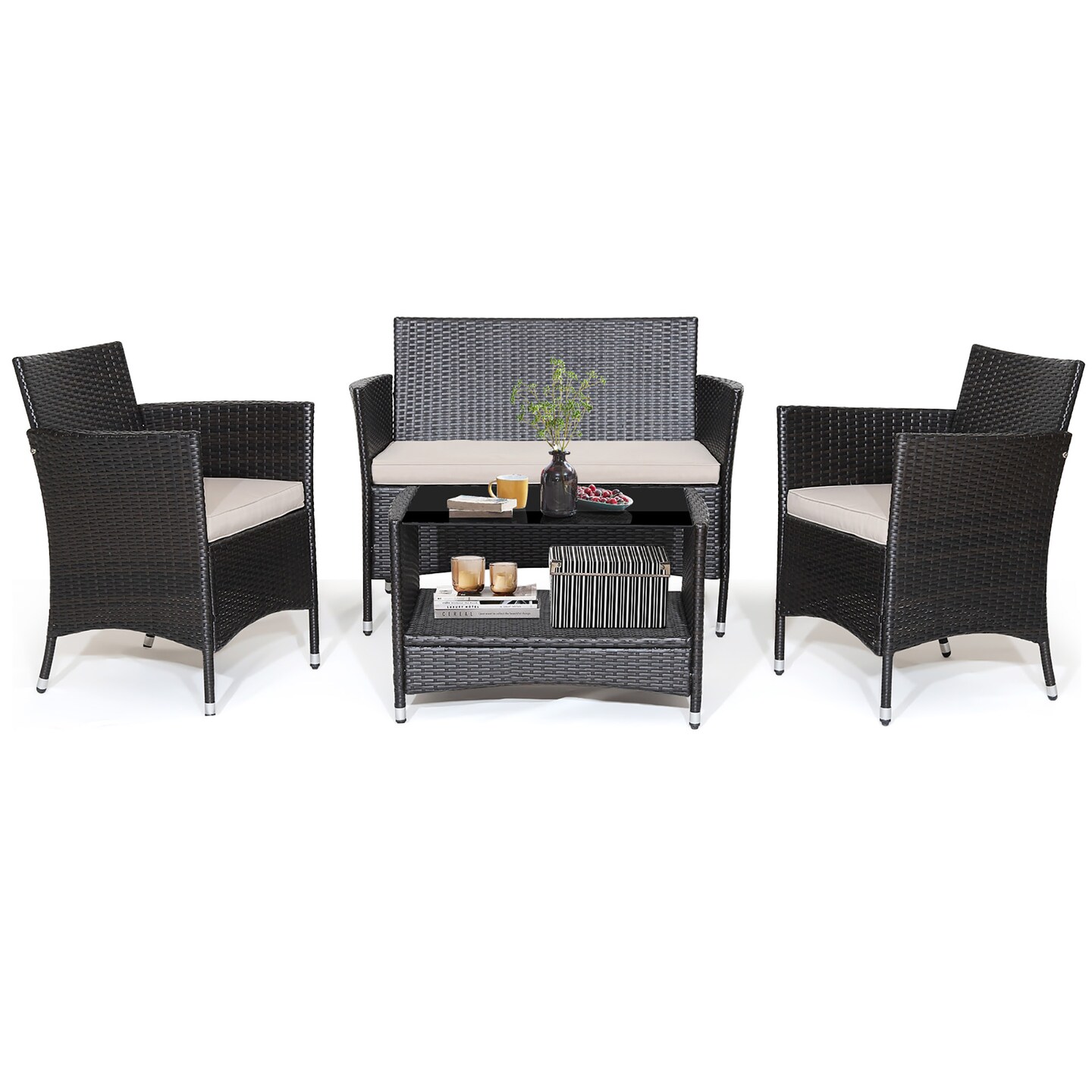 Costway 4PCS Patio Rattan Furniture Set Armrest Cushion Sofa Coffee Table withShelf Garden
