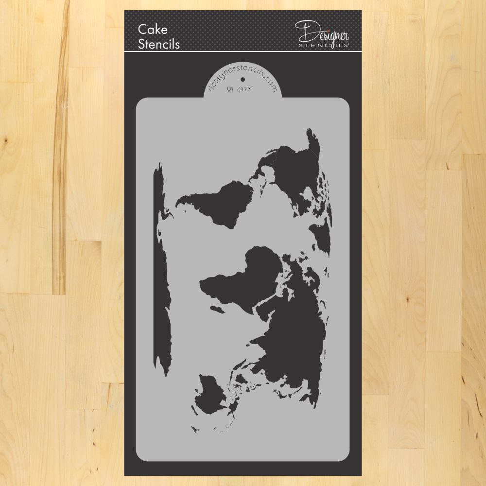 World Map Cake Stencil | C977 by Designer Stencils | Cake Decorating Tools | Baking Stencils for Royal Icing, Airbrush, Dusting Powder | Reusable Plastic Food Grade Stencil for Cakes | Easy to Use &#x26; Clean Cake Stencil