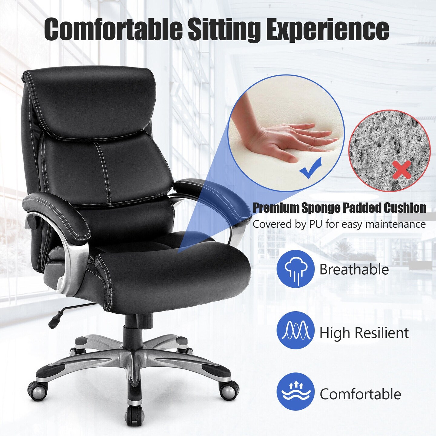 Adjustable Executive Office Recliner Chair with High Back and Lumbar Support
