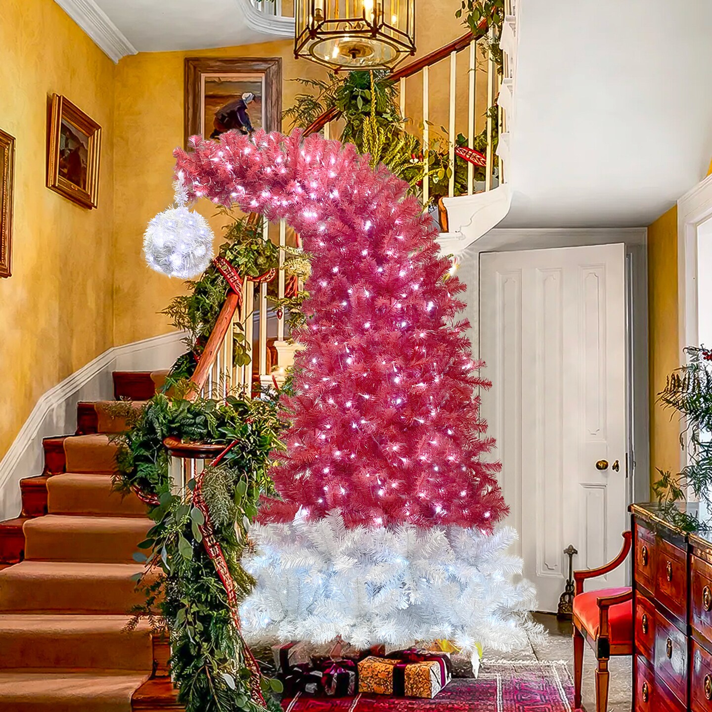 6FT Hinged Fir Artificial Fir Bent Top Christmas Tree, Xmas Tree Bendable Santa Hat Style Christmas Tree Holiday Decoration,1250 Lush Branch Tips, 300 LED Lights X-mas