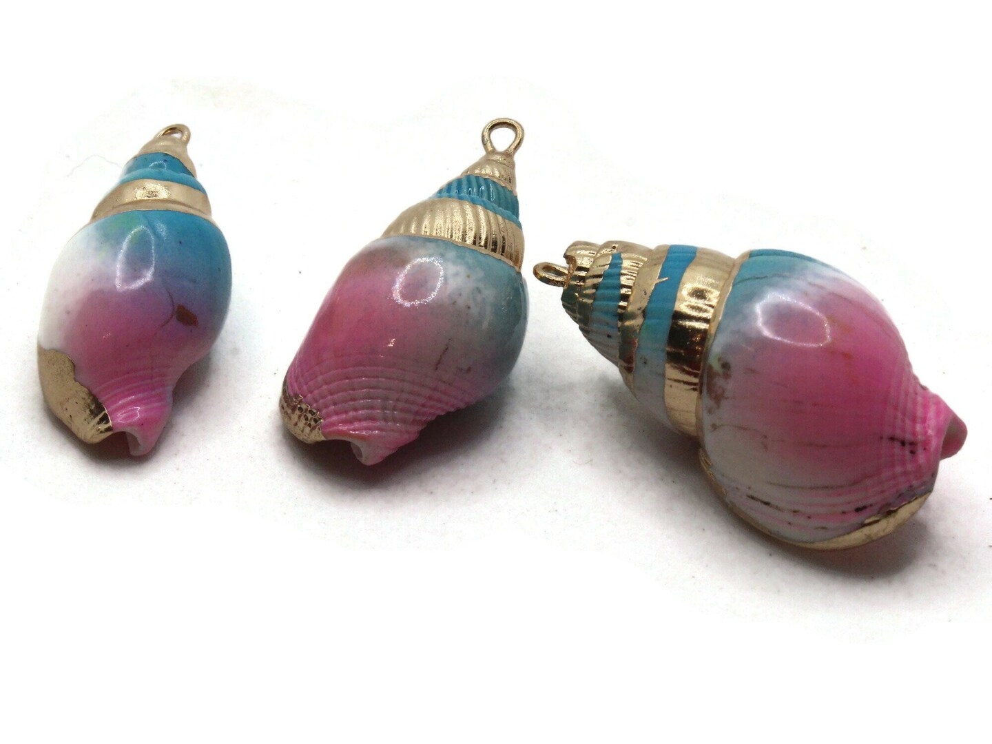 Blue Pink and Gold Spiral Seashell Large Pendant Beach Charm