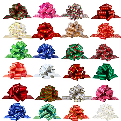 PintreeLand 24PCS Christmas Wrap Pull Bows with Ribbon 5&#x201D; Wide Wrapping Accessory for Xmas Present, Gift, Florist, Bouquet, Basket(24 PCS)