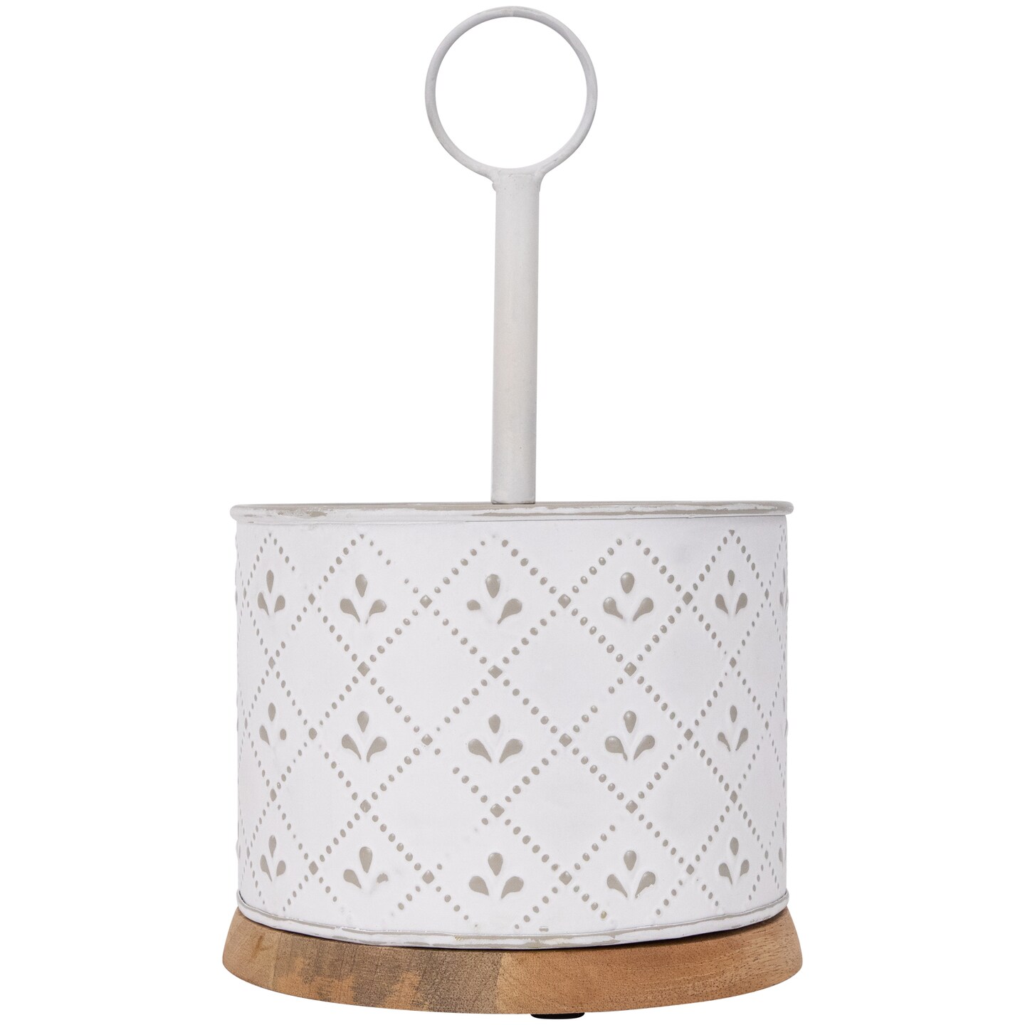 Northlight 7" White Round Embossed Utensil Caddy with Wooden Base