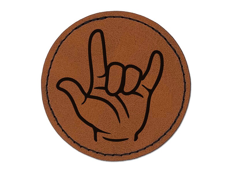 I Love You Hand Sign Language Round Iron-On Engraved Faux Leather Patch ...