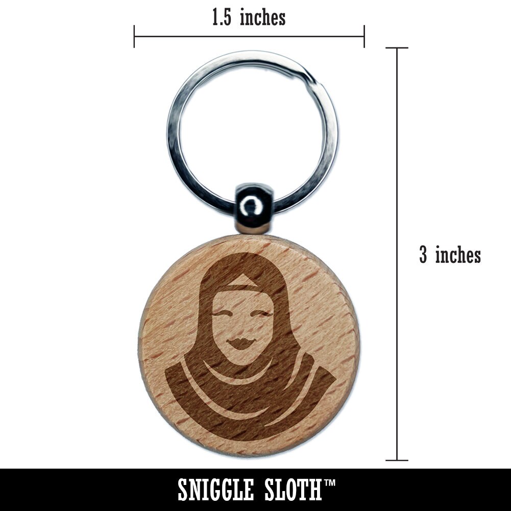 Hijab Muslim Woman Engraved Wood Round Keychain Tag Charm