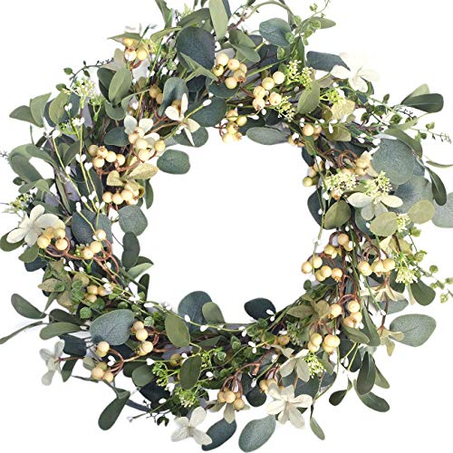 20 inches Artificial Green Leaf Eucalyptus Wreath,Berry Wreath for Spring,Summer, Front Door Window Hanging Wall Party Decorations