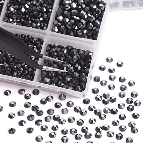 6616 Pieces Hotfix Rhinestones 5 Mixed Sizes FlatBack Crystal Rhinestones for Crafts Round Glass Gems with Tweezers and Picking Rhinestones Pen(Hematite Black)