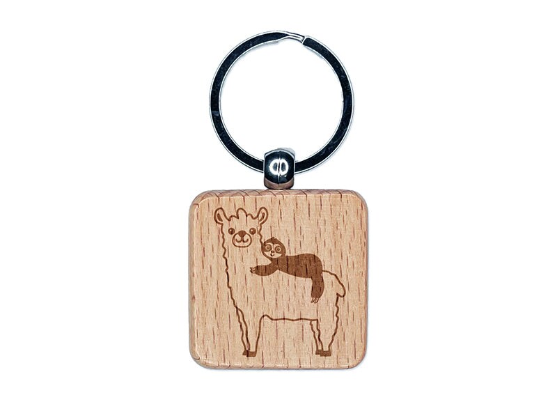 Llama and Sloth Best Friends Alpaca Engraved Wood Square Keychain Tag Charm