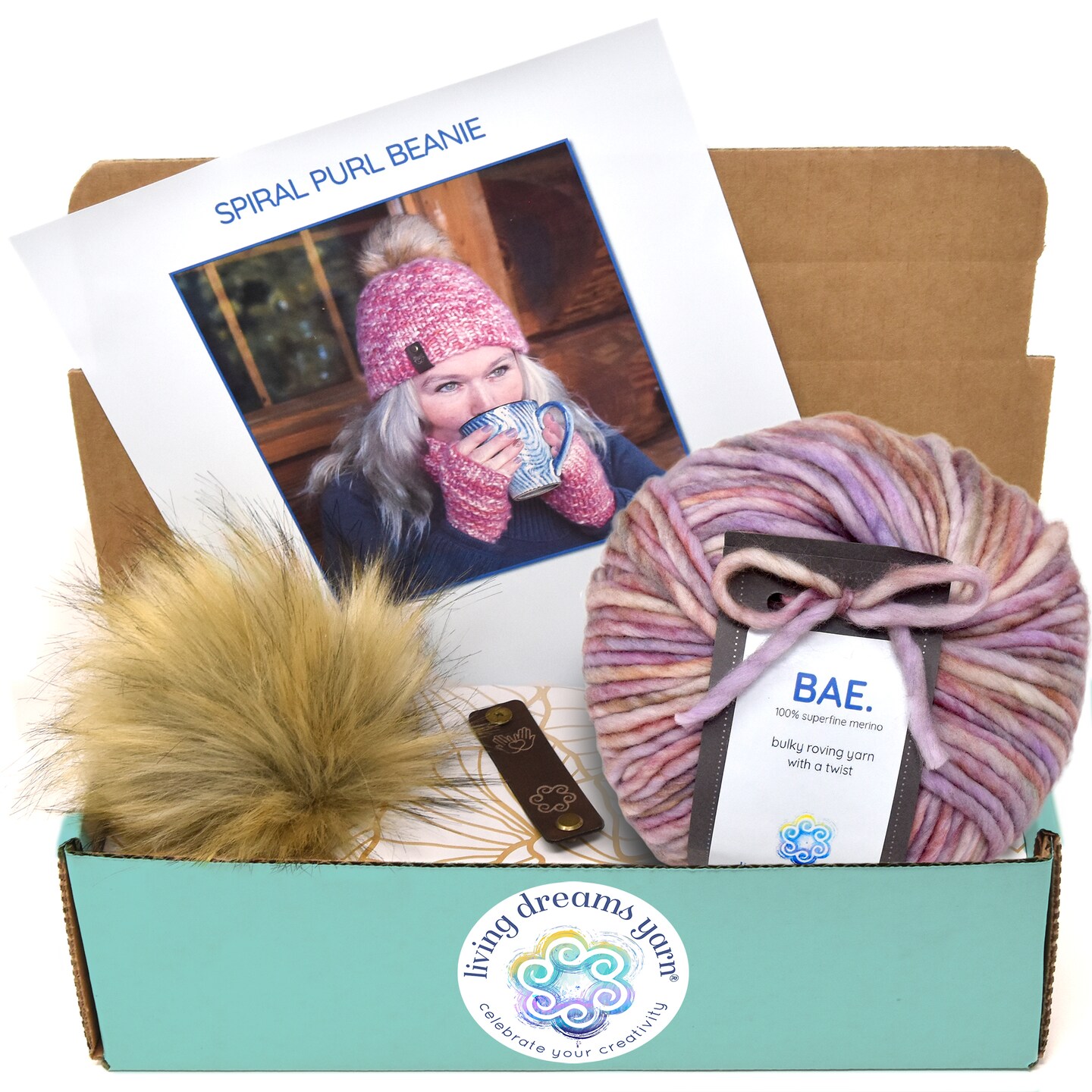 DIY Winter Hat Knit Kit. Includes Bulky Superfine Merino Wool Yarn, Printed Pattern, Pom-Pom, Rim Tag. Soft, Cozy, Great for Gifts