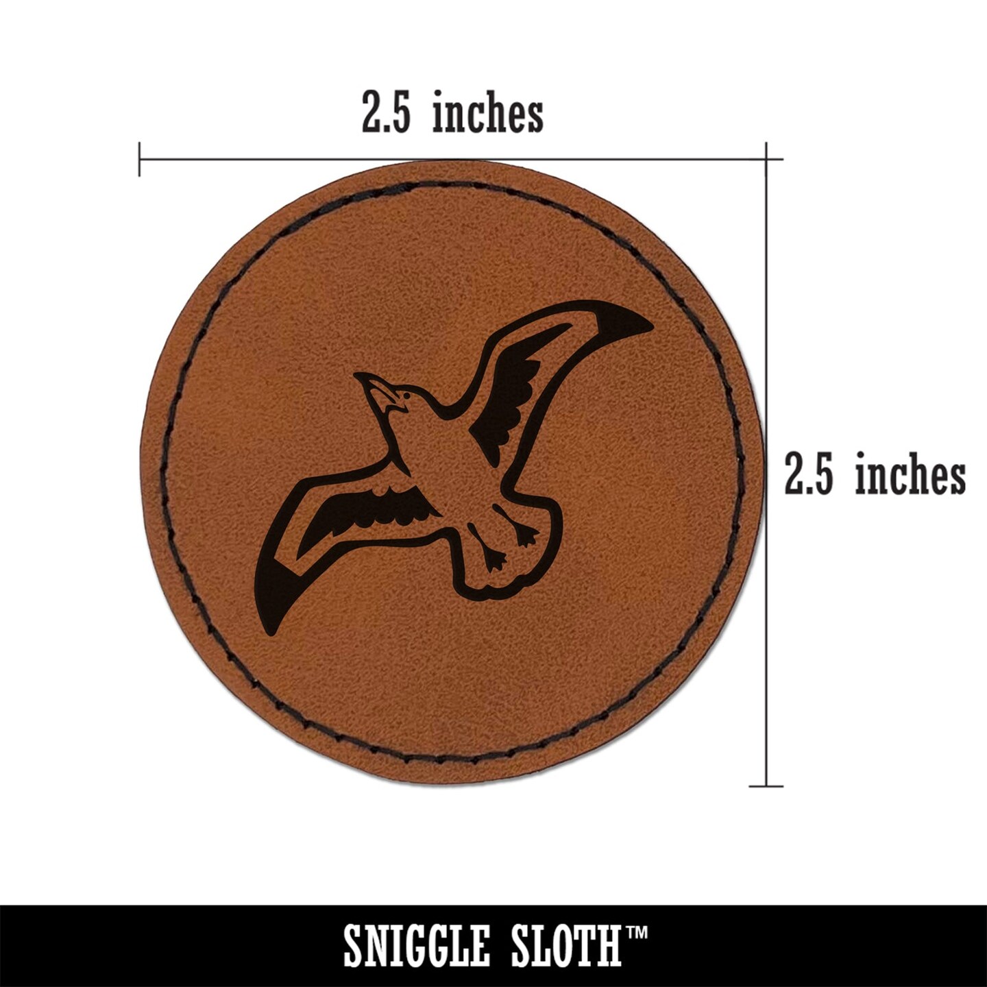 Seagull In Flight Marine Bird Round Iron-On Engraved Faux Leather Patch Applique - 2.5&#x22;