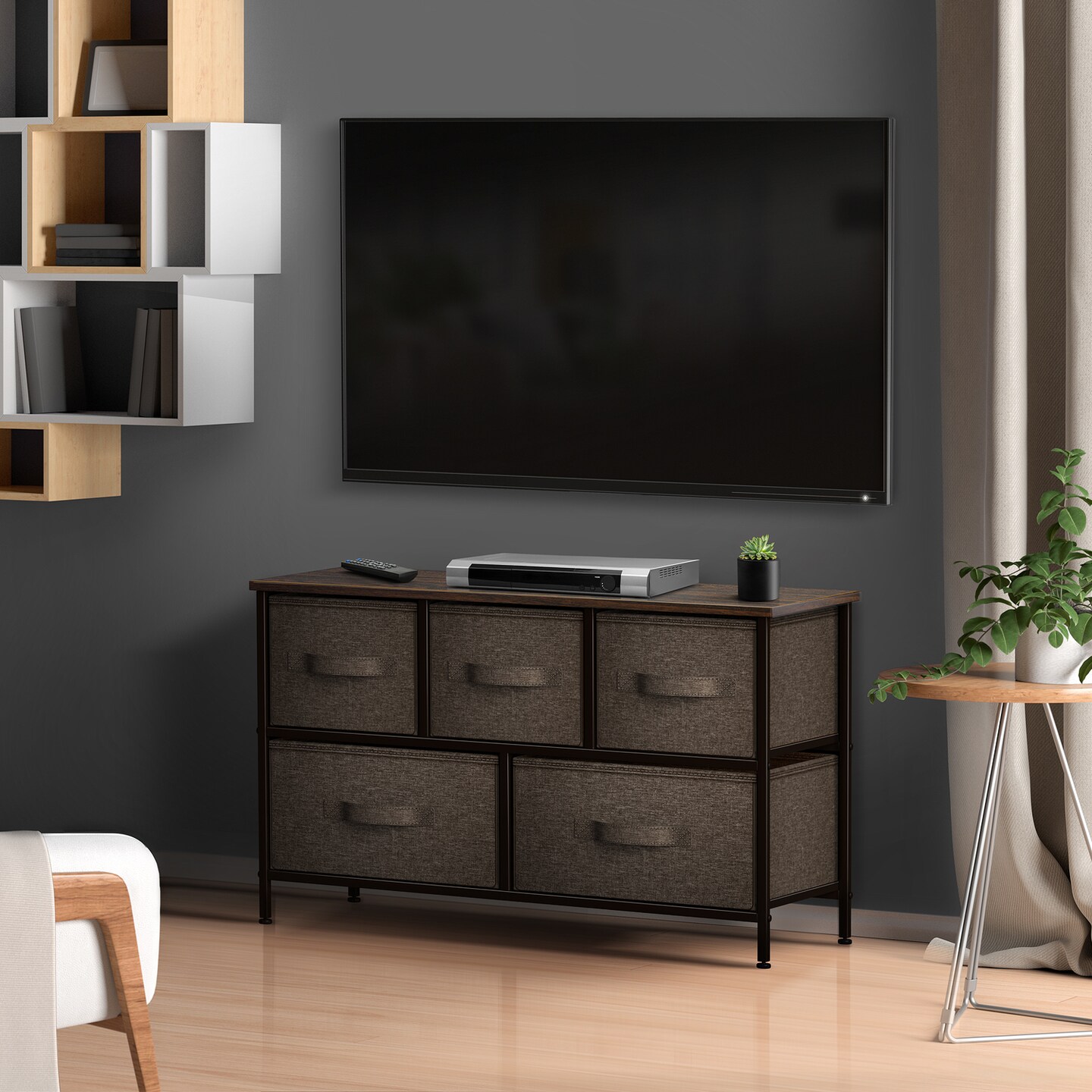 Sorbus Dresser with 5 Drawers - Storage Chest Organizer Unit with Steel Frame, Wood Top, Easy Pull Fabric Bins - Long Wide TV Stand for Bedroom Furniture, Hallway, Closet & Office Organization