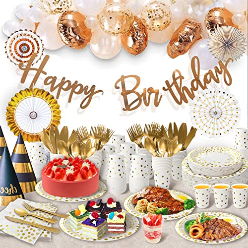 350 Pieces White and Gold Plastic Dinnerware Set, Includes 9" Dinner Plates, 7" Dessert Plates, 9oz Cups, Napkins, Forks, Knives, Spoons