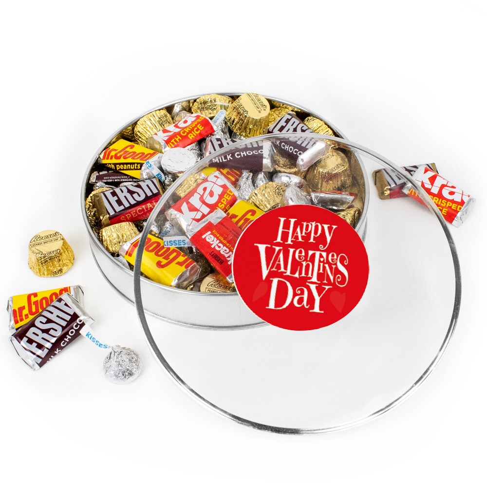 Valentine&#x27;s Day Candy Gift Tin - Plastic Tin with Hershey&#x27;s Kisses, Hershey&#x27;s Miniatures &#x26; Reese&#x27;s Peanut Butter Cups