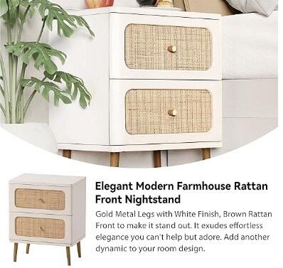 Boho Mid-Century Coastal Storage Cabinet, Wicker Rattan Nightstand, 2-Drawer End Table White Finish Side Table for Small Spaces, Modern Farmhouse Wooden Bedside Table,