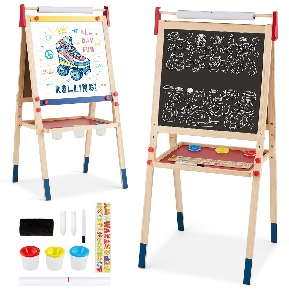 Costway All-in-One Wooden Kid&#x27;s Art Easel Height Adjustable Paper Roll