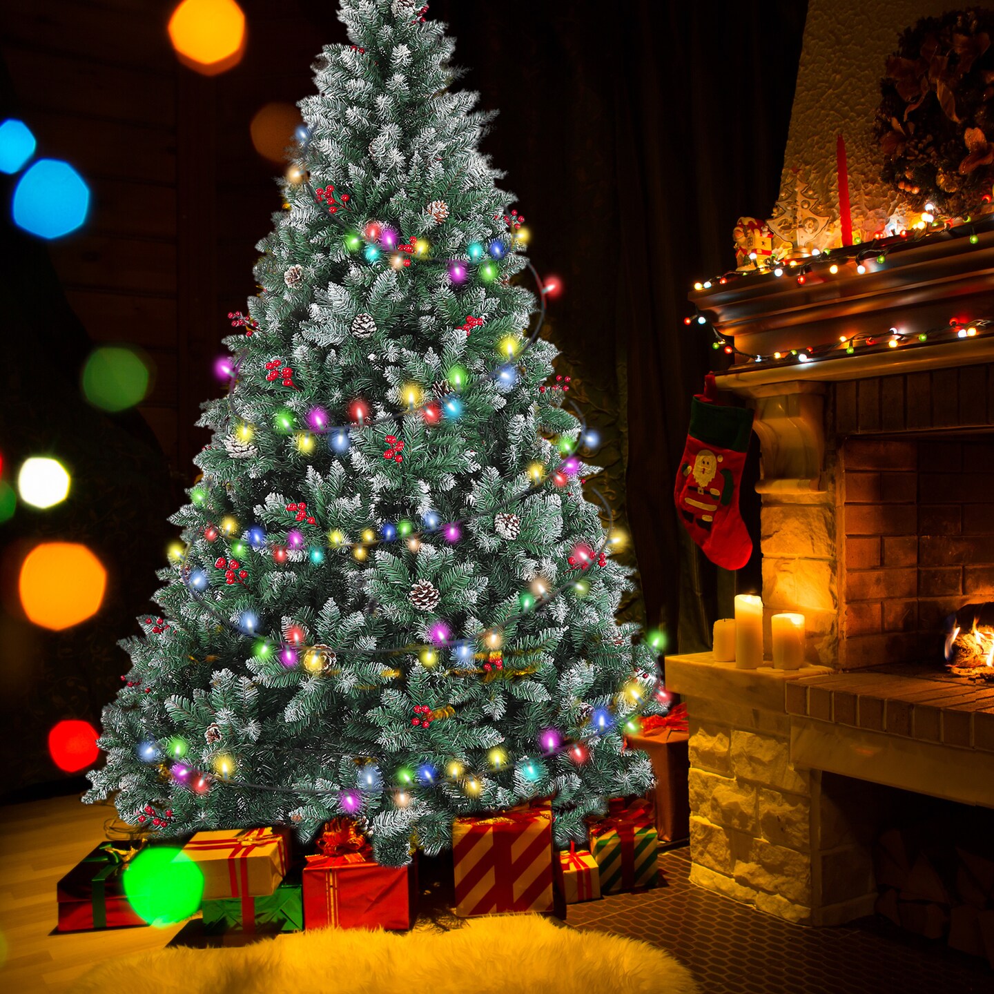7.5ft Christmas Tree Artificial Full Xmas Trees with 200pcs LED,Green, for Holiday,Home,Office,Party Decoration, 1358 Branch Tips Metal Hinges &#x26; Foldable Base