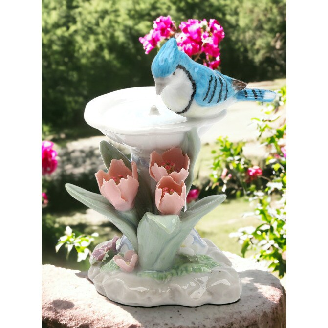 kevinsgiftshoppe Ceramic Blue Jay Bird With Tulip Flower Figurine Home Decor   Kitchen Decor