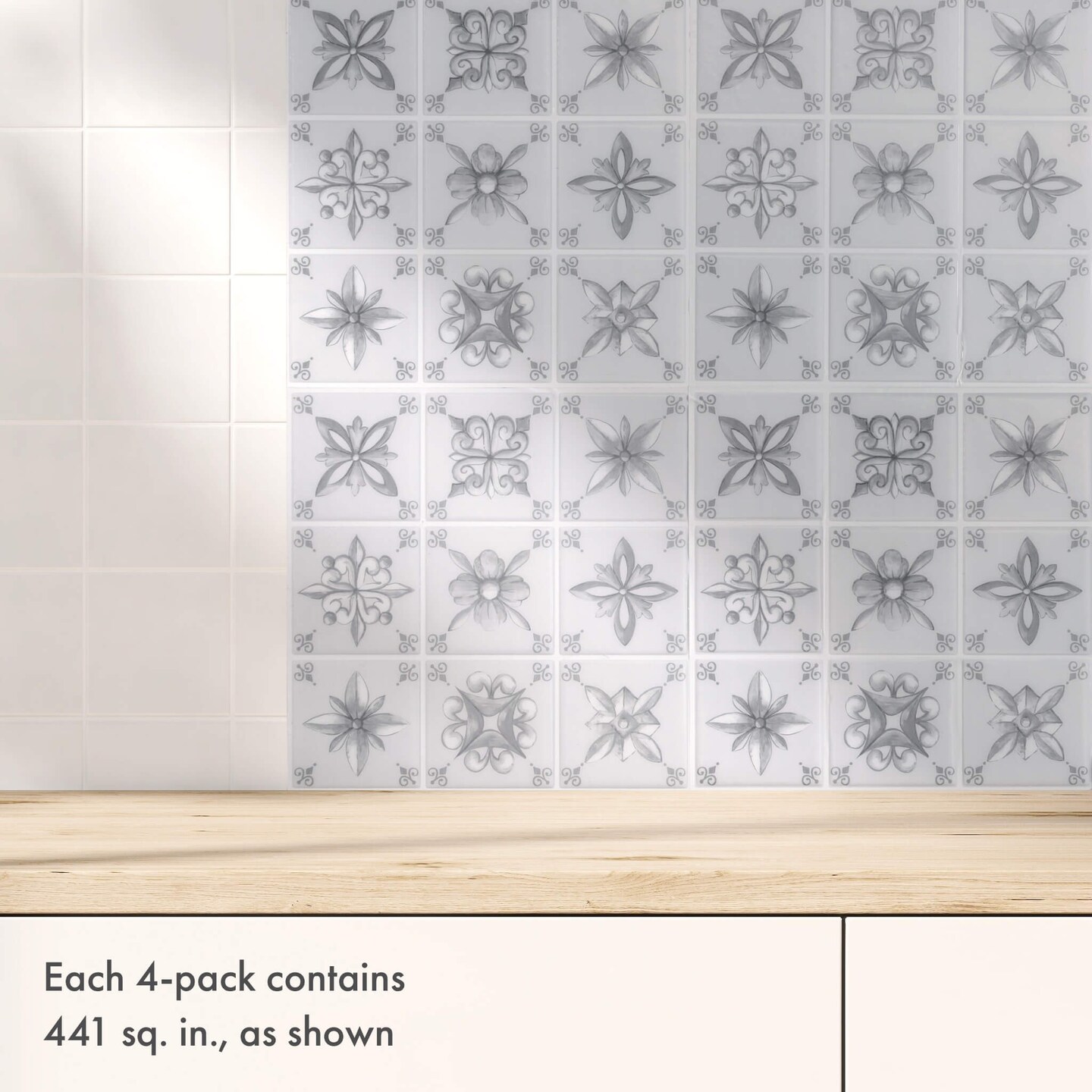 4-Pack Peel and Stick Tiles 10.5&#x22; x 10.5&#x22; Painted Floral Mosaic Print. Covers 3.06 Sq. Ft