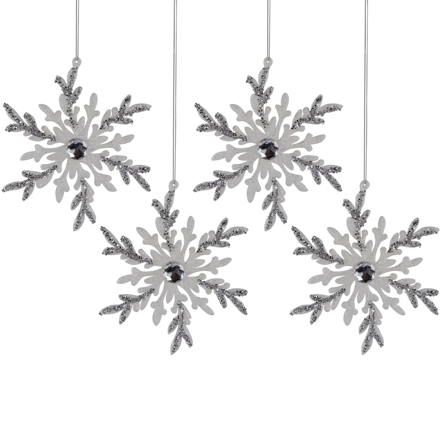 Northlight Glitter Snowflakes Christmas Ornaments - 6&#x22; - White and Silver - 4ct
