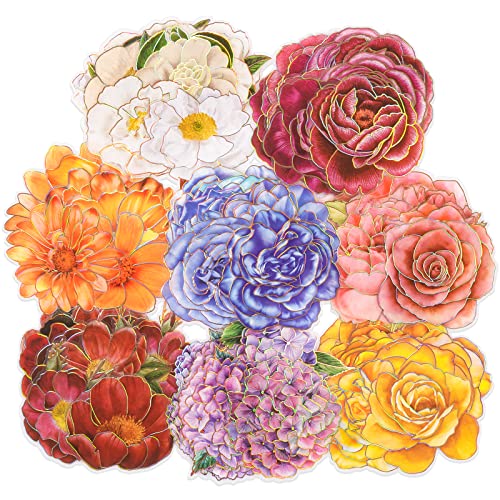 80 Pieces Large Size Flower Stickers with Gold Holographic Outlines, Glitter Shiny Floral Waterproof Decorative Decals for Scrapbooking Supplies Junk Journal Bullet Journals Planners