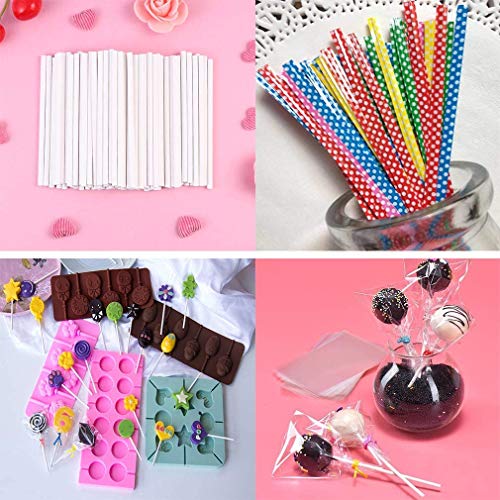 100 Pieces Big Size Lollipop Cake Pop Treat Bag Set Including Parcel Bags, 100pcs Papery Treat Sticks, 100pcs Colorful Metallic Twist Ties for Making Lollipops, Cake Pops, Candies, Chocolates and Cookies
