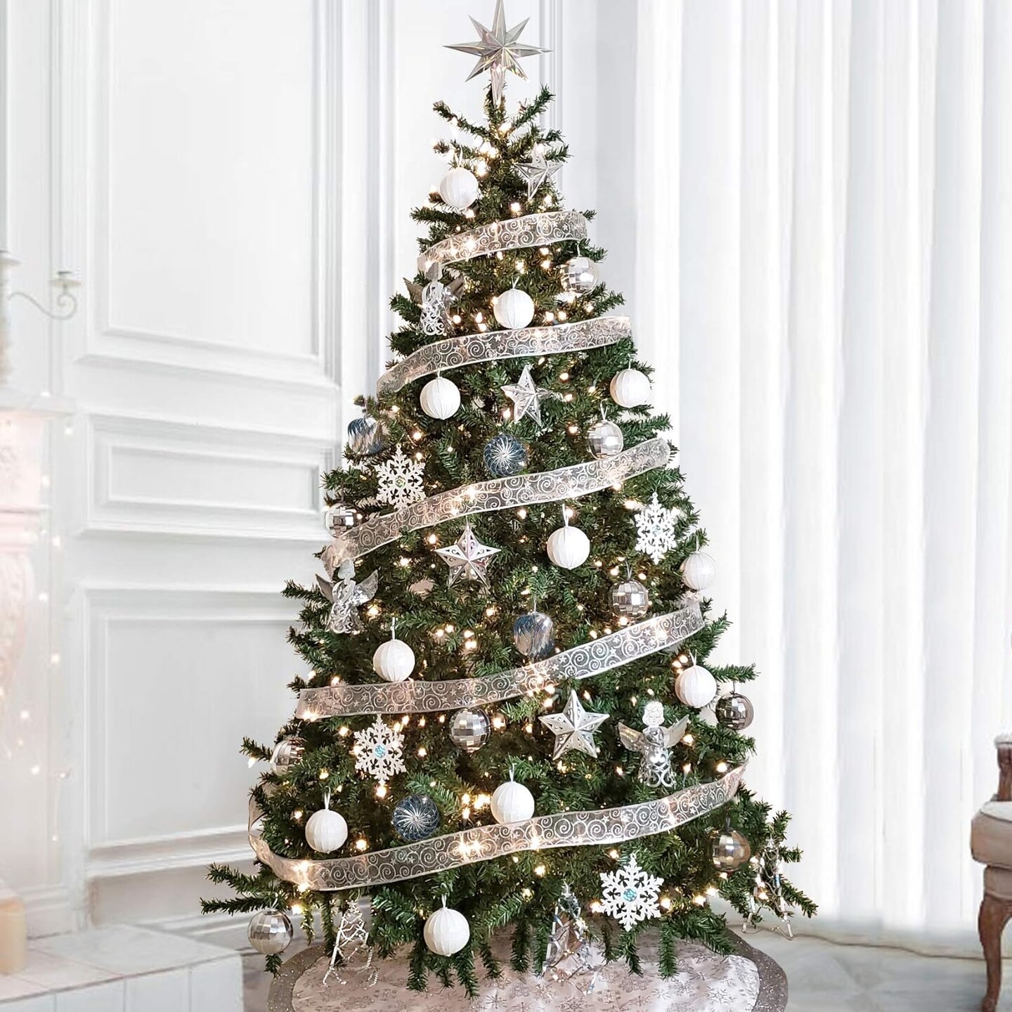 POP-UP White Glitter Christmas Ball Ornaments 6 ct. 3.5"; COLLAPSIBLE Large Xmas Tree Plastic Baubles; Shatterproof