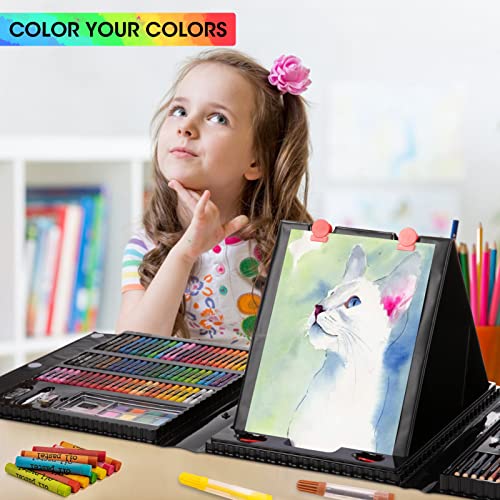 Art Supplies, 240-Piece Art Set Crafts Drawing Kits with Double Sided Trifold Easel, Includes Sketch Pads, Oil Pastels, Crayons, Colored Pencils, Gifts for Girls Boys Teen Ages 4-6-8-9-12 (Black)