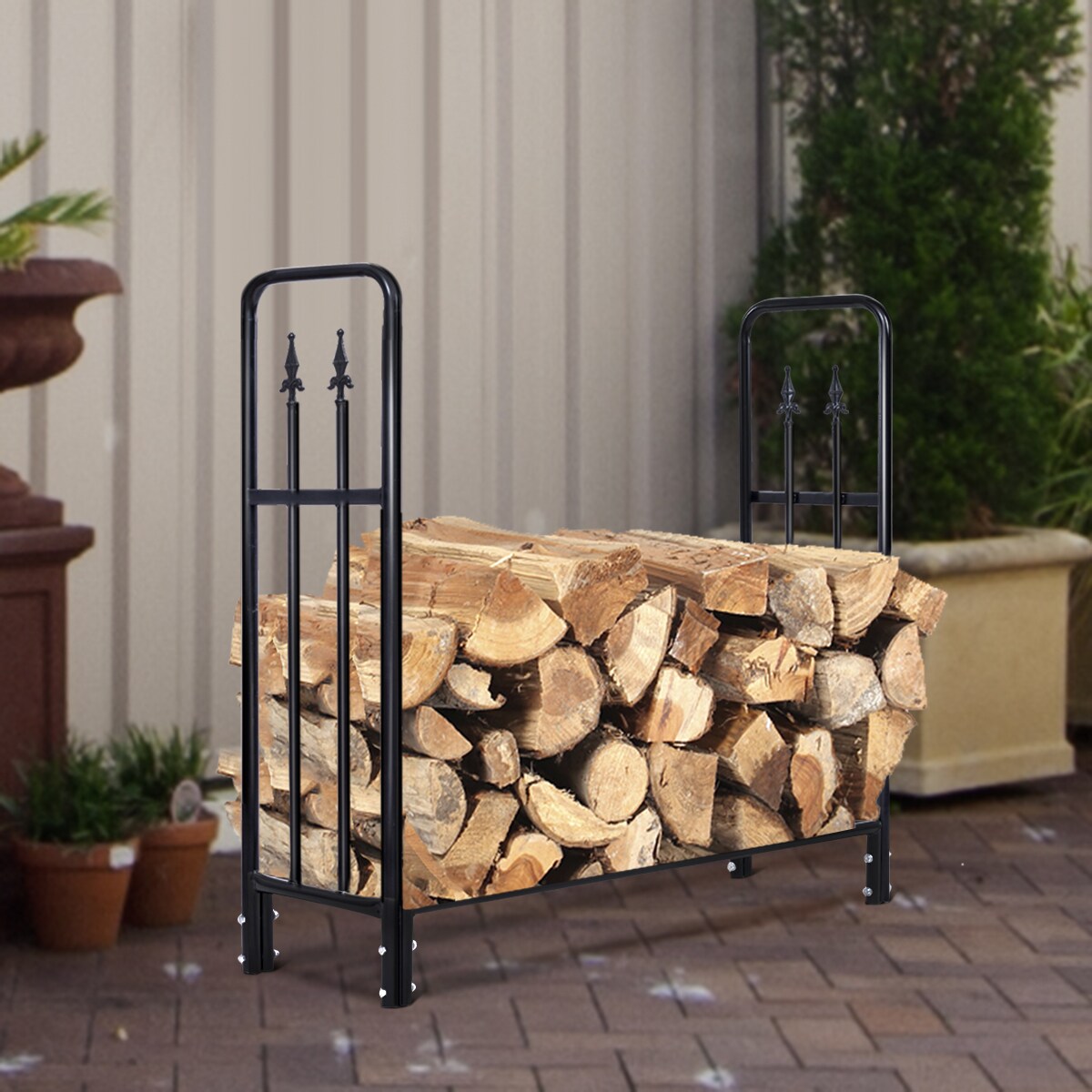 Costway 4 Feet Outdoor Heavy Duty Steel Firewood Log Rack Wood Storage Holder Black