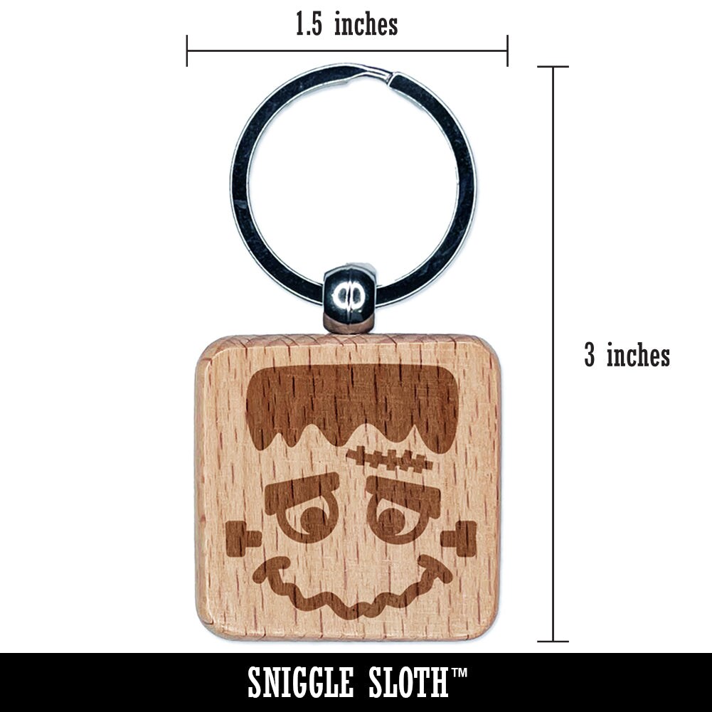 Halloween Frankenstein Face Engraved Wood Square Keychain Tag Charm