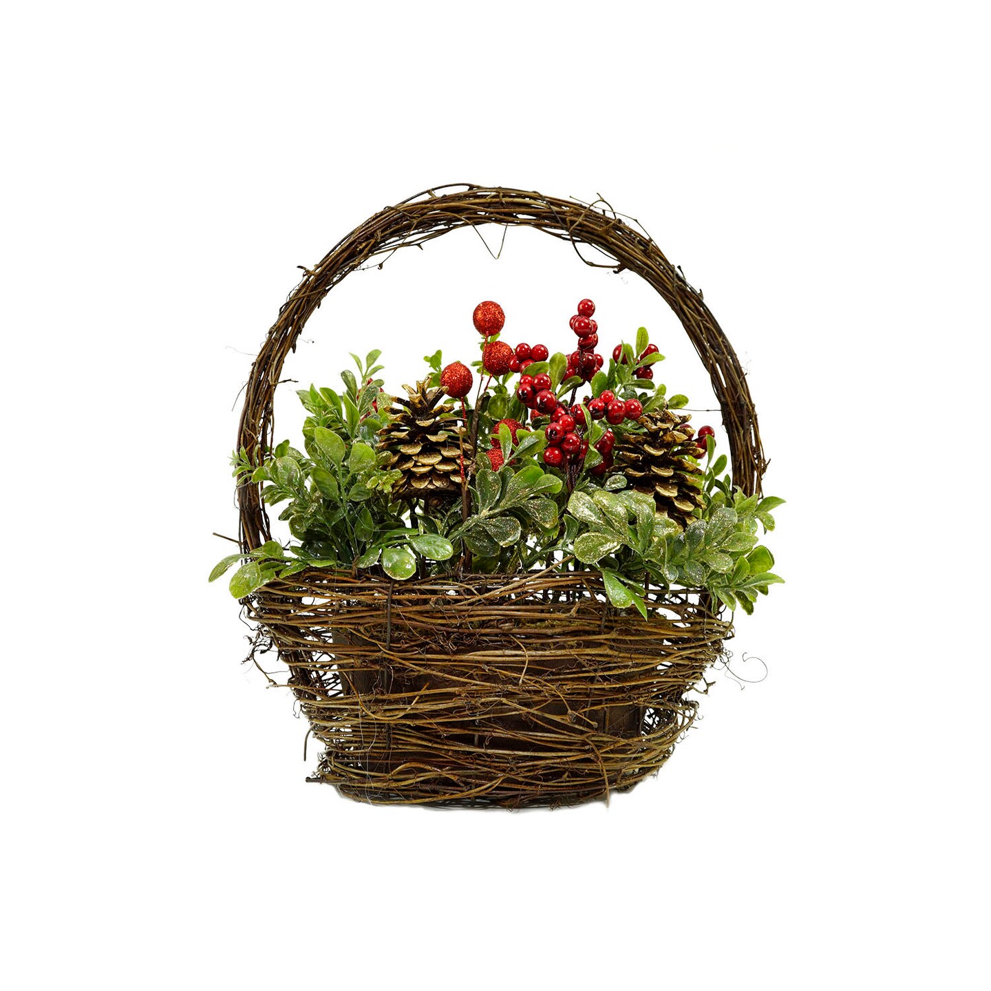 Northlight Pine Cones and Berries Boxwood Christmas Basket with Handles - 12&#x22;