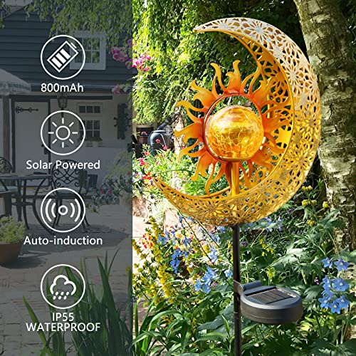 1 Pack Garden Solar Lights Outdoor Decorative, Sun & Moon Crackle Glass Globe Metal Stake Light, Waterproof Warm White LED Light, Decorations for Pathway Lawn Patio Courtyard Backyard
