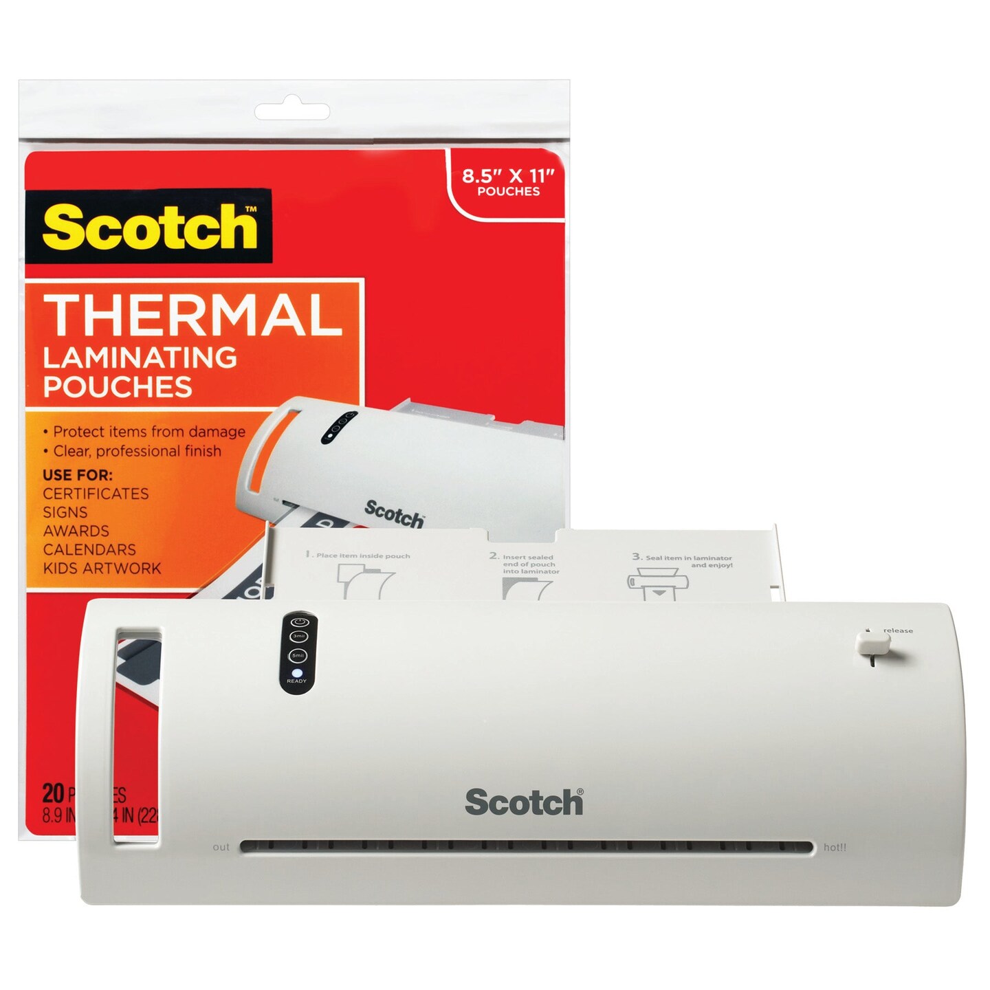 Thermal Laminator Value Pack, 9&#x22; W, with 20 Letter Size Pouches