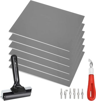 Pixiss Printmaking Supplies - Linoleum Blocks for Printmaking (6 Pack) 8&#x22;x10&#x22;x1/8&#x22; and Linocut Tools - Rubber Roller and Linocut Carving Tool for Block Printing Kit - Linoleum Stamp Making Kit