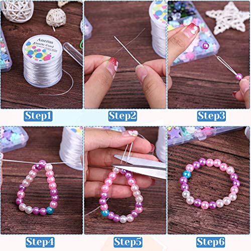 Stretchy String for Bracelets, Anezus Elastic String Jewelry Bead Cord with 2 Pieces Large Eye Beading Needles for Seed Beads, Pony Beads, Bracelets and Jewelry Making White