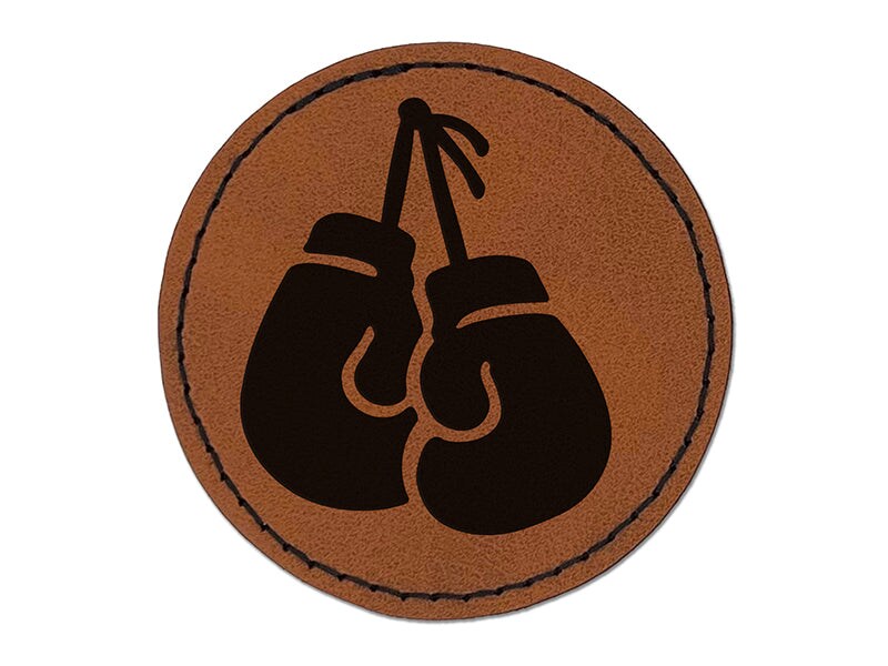Pair of Boxing Gloves Hanging Round Iron-On Engraved Faux Leather Patch Applique - 2.5&#x22;