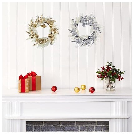 White Fake Pampas Grass Xmas Wreaths with Gold Berry Leaves Bells Balls for Windows Fireplaces Walls, Indoor and Outdoor, 19 Inch Gold Christmas Wreath for Front Door