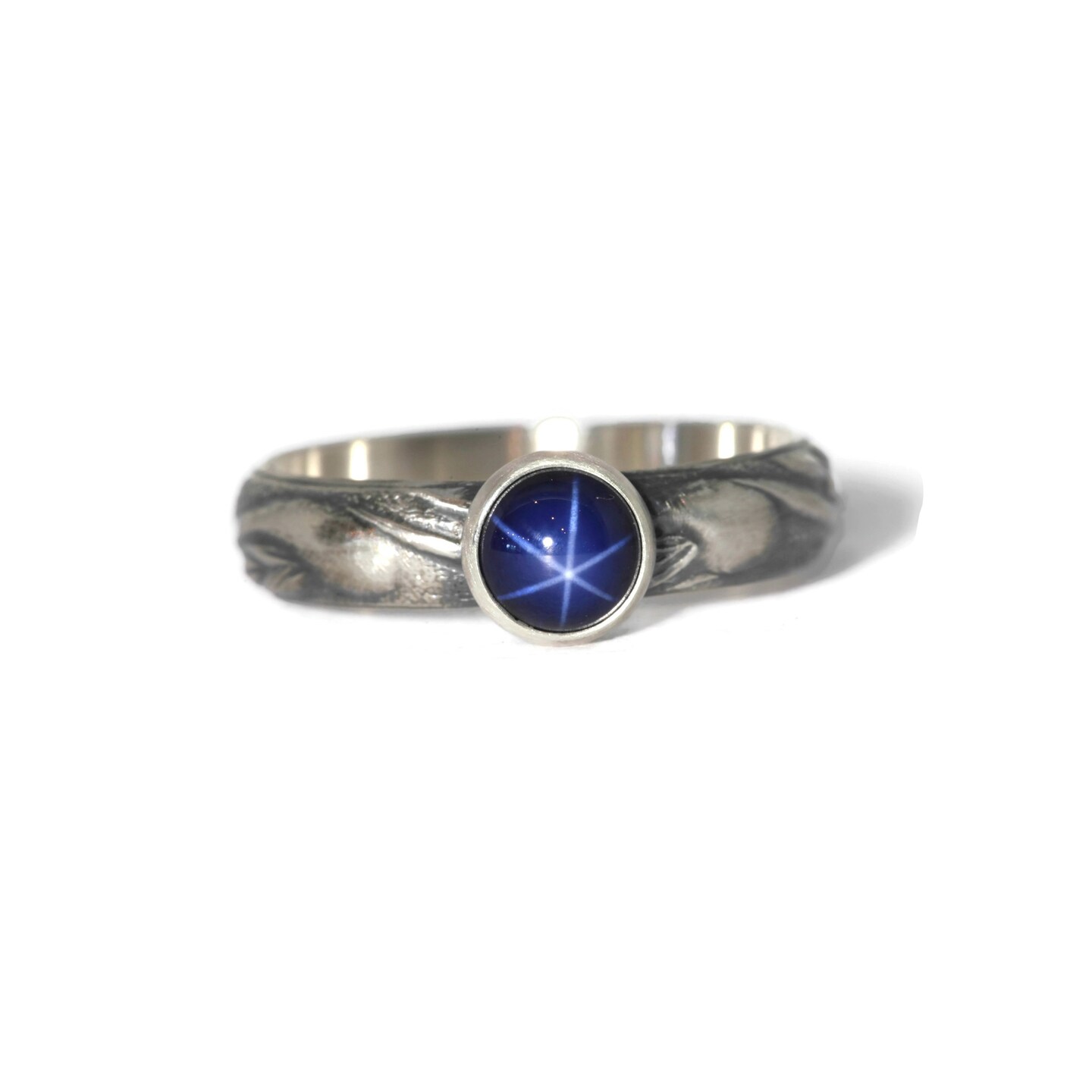 6Mm Created Blue Star Sapphire Ring Art Nouveau Pattern Vintage Silver By Salish Sea Inspirations