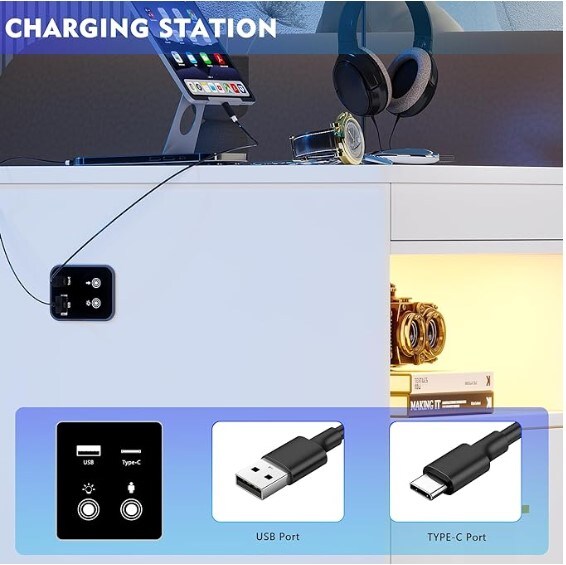 Modern End Table with Charging Station, Night Stand Side Table with Auto Sensor LED 3 Color Dimmable