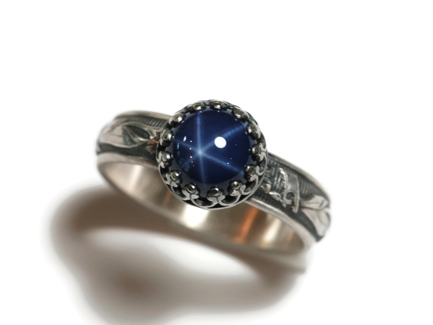 8Mm Lab Created Blue Star Sapphire Blooming Flower Sterling Silver Ring By Salish Sea Inspirations