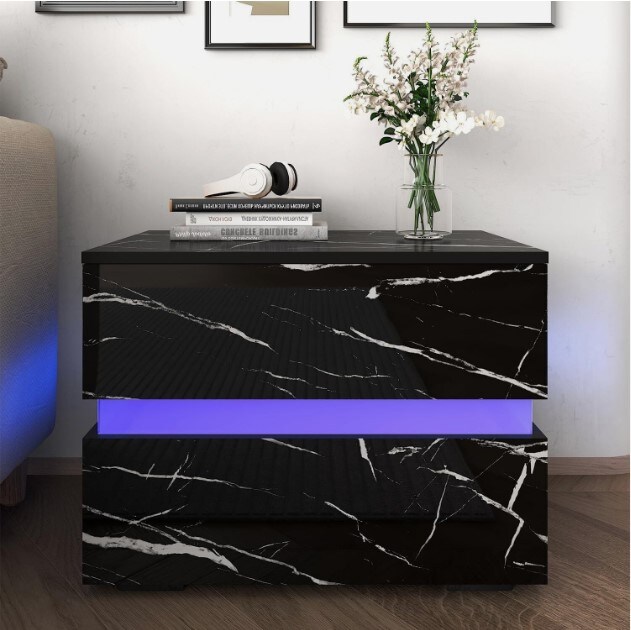 LED Nightstand with Drawers Set of 2 High Gloss Modern Bedside Table End Table