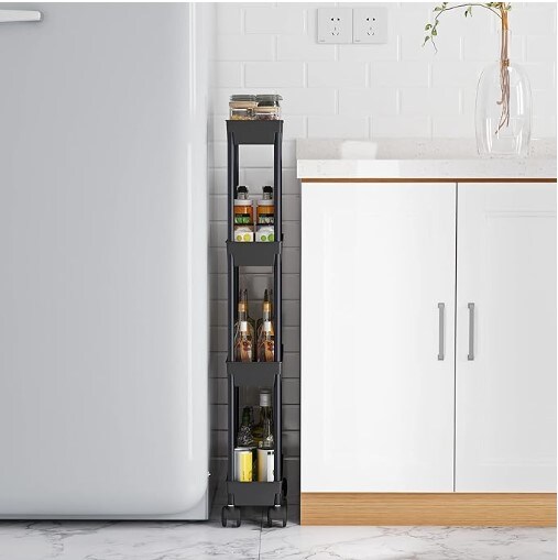 4 Tier Slim Storage Cart, Rolling Storage Cart, Narrow Shelf, Bathroom Rack, Mobile Shelving Unit Organizer for Kitchen, Bathroom, and Laundry Room, Black.