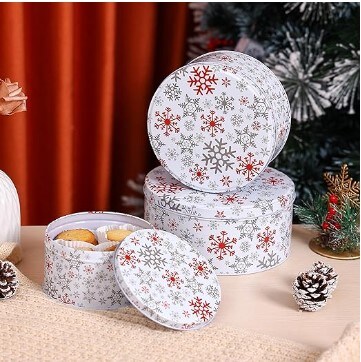 Cookie Tin Round Storage Tins, 3Pcs Extra Thick Metal - Large, Medium, and Small Sizes, for Christmas Gift Giving