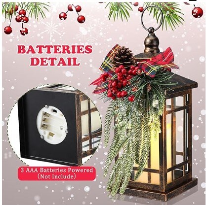 LED Christmas Lantern with Plaid Bow 14&#x22; Christmas Candle Lantern Flashing Candle Light Christmas Decorative Lanterns for Xmas Indoor Outdoor Party Decor (Bronze, Black Red Plaid, 2)