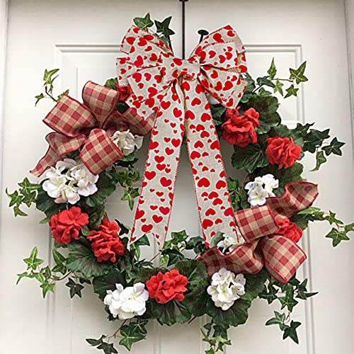 2.5" x 5.5 Yards Red Heart Printed Valentine's Day Burlap Ribbon Wired Edge Ribbon